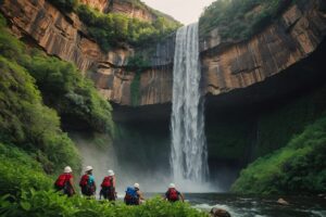 Adventure group rappelling down towards a waterfall inside a canyon gorge